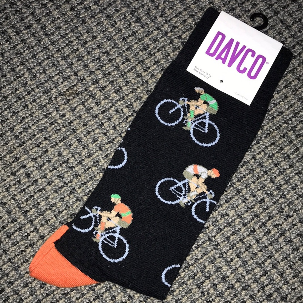 Men's Black Cycling Crew Socks with Orange Toe and Multicolor Rider Motif